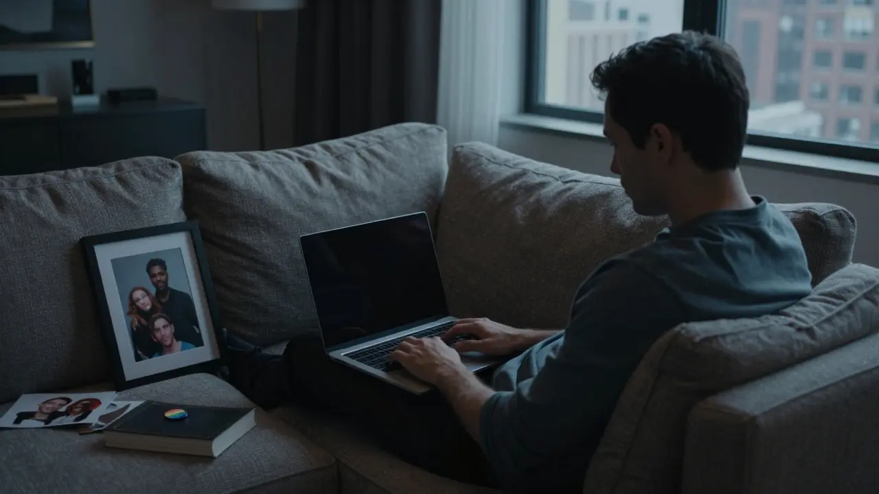 A man sits alone in a luxury apartment, surrounded by photos he can't share, a hidden pride pin under a book, dim lighting emphasizing isolation.