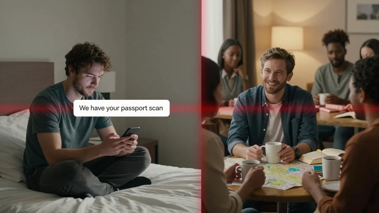 A man torn between the danger of an escort encounter and the warmth of a safe expat coffee meetup.