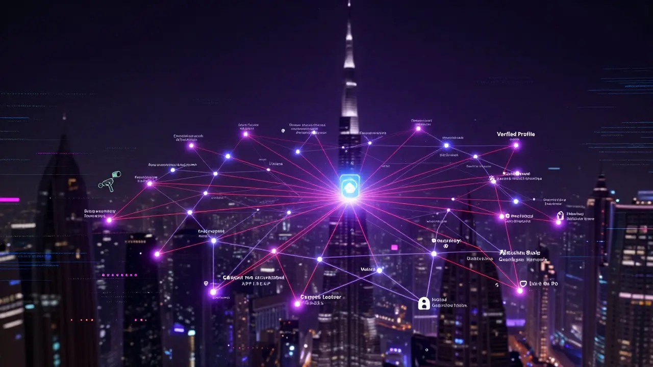 A neon-lit digital map of Dubai showing encrypted networks and surveillance pathways converging on a verified profile icon.