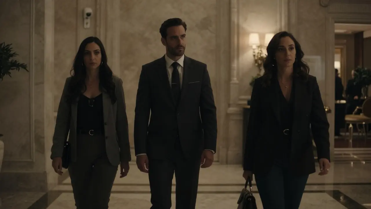 A nervous business traveler and an unknown woman meeting in a luxury Dubai hotel lobby under watchful security cameras.