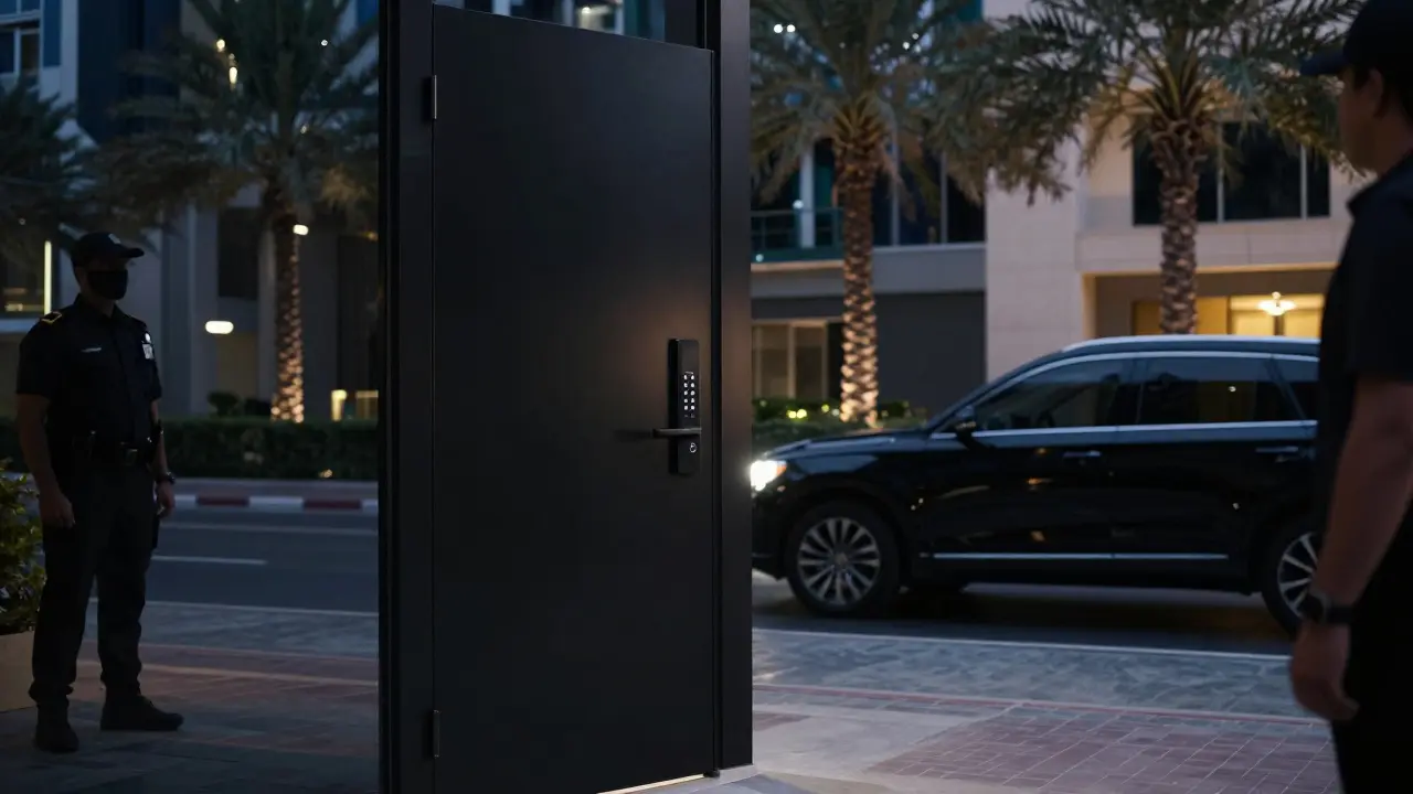 A plain black door with a keypad in Dubai's upscale district, a black SUV waiting nearby under the night sky.