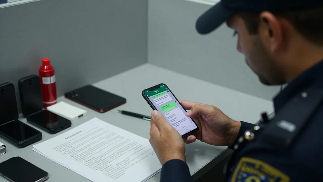 A police officer examines a smartphone showing messages and payment proofs related to illegal escort services in a sterile room.