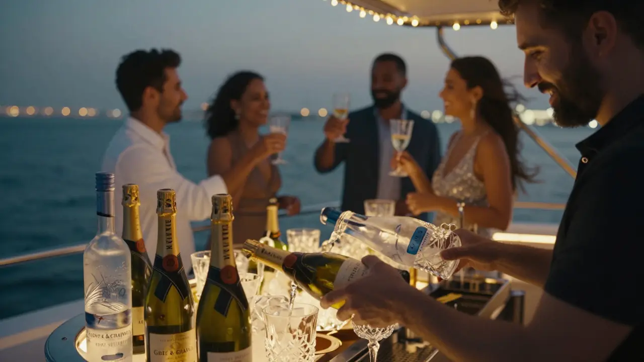 A premium open bar on a Dubai boat party with champagne and cocktails, lit by string lights as guests celebrate.