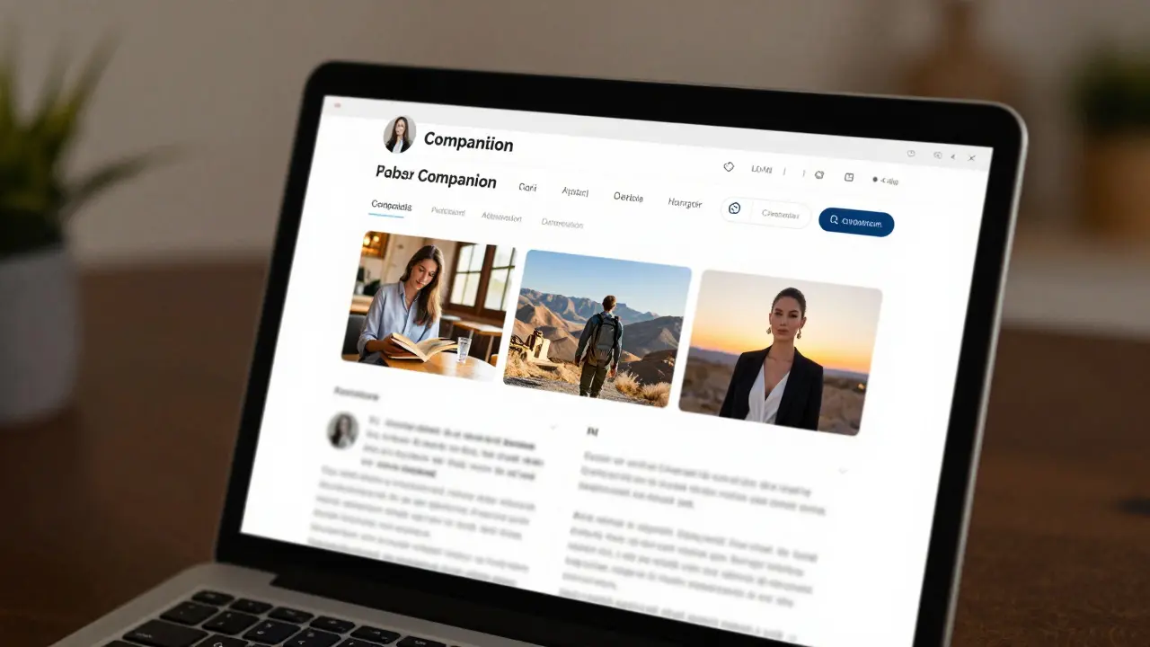 A professional companion's verified profile with natural photos and authentic reviews on a laptop.