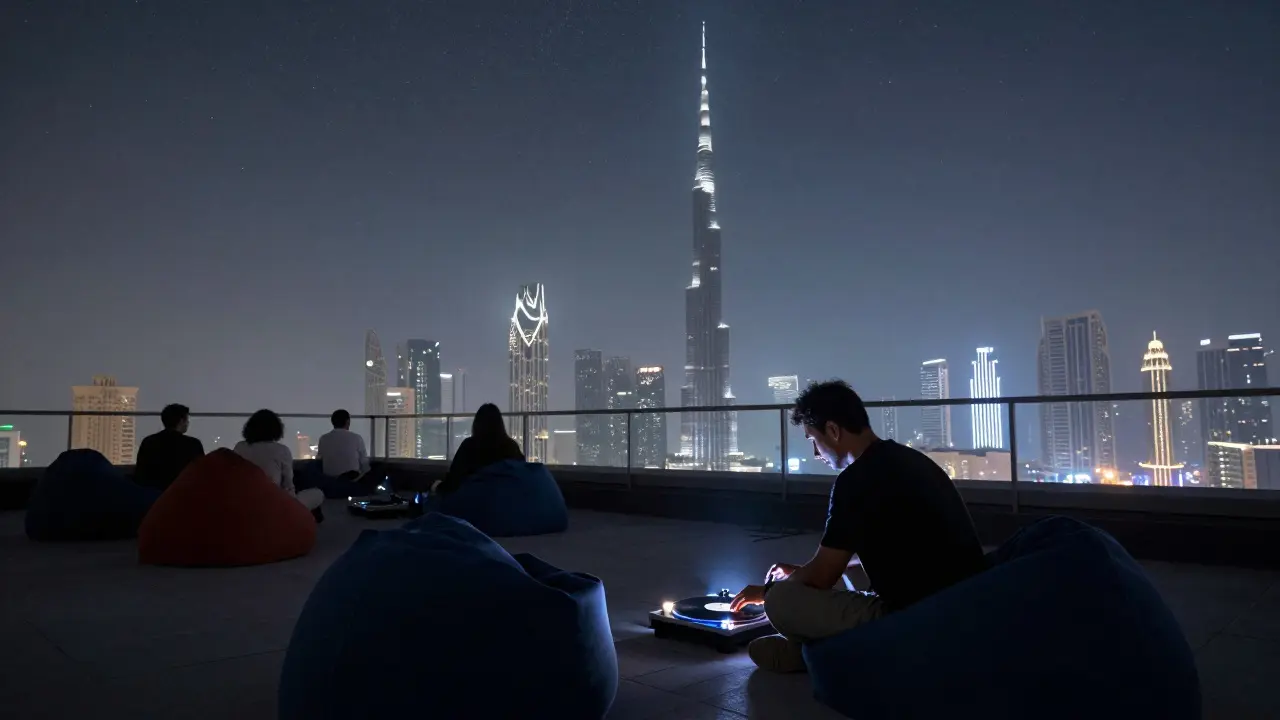 A quiet rooftop in Al Maktoum with silhouettes gazing at Dubai's skyline while vinyl music plays.