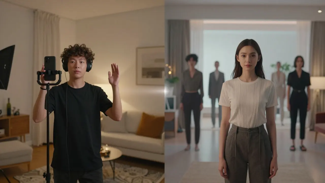 A real performer and their AI-generated digital twin side by side, one in a quiet room, the other in endless virtual scenarios.