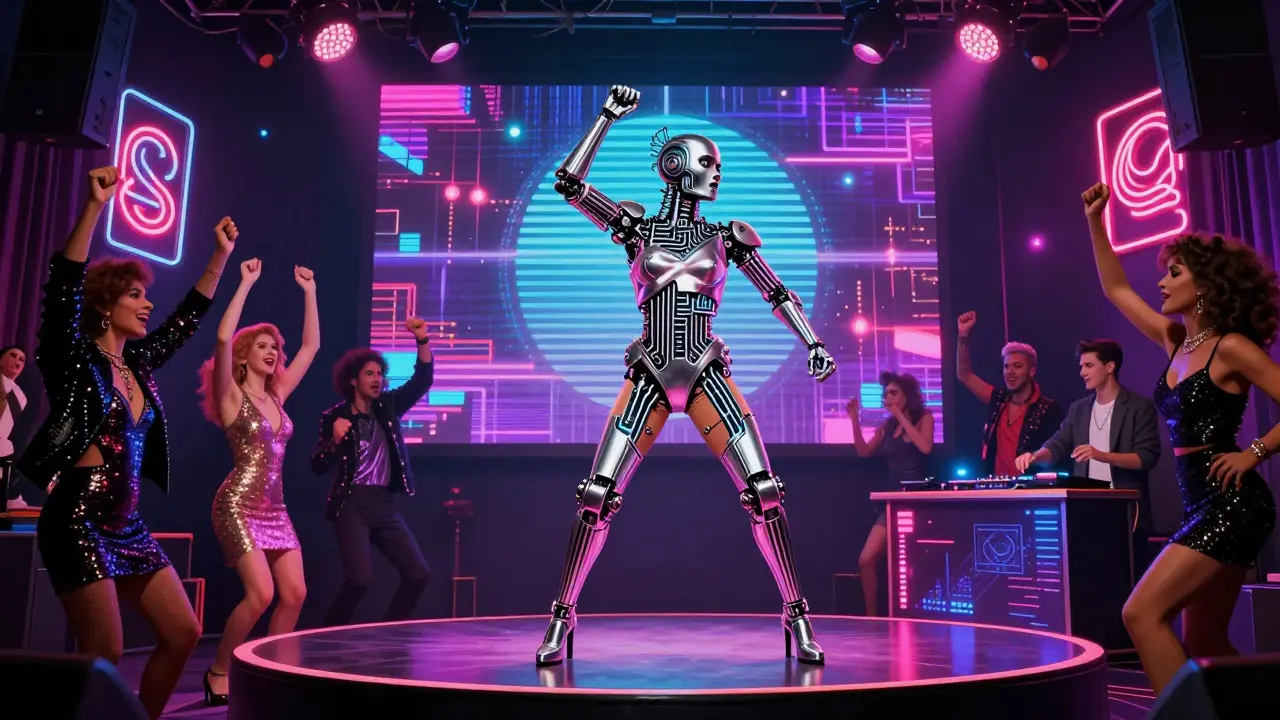 A robot-suited performer sheds layers on a neon-lit stage, crowd cheering as retro-futuristic patterns pulse behind them.
