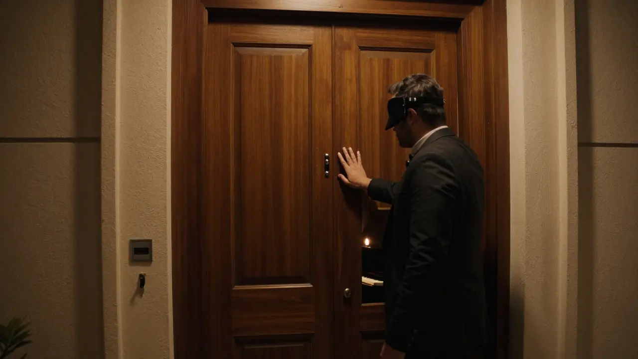 A secretive club entrance at night where a bouncer silently admits a visitor with no signs or markings visible.