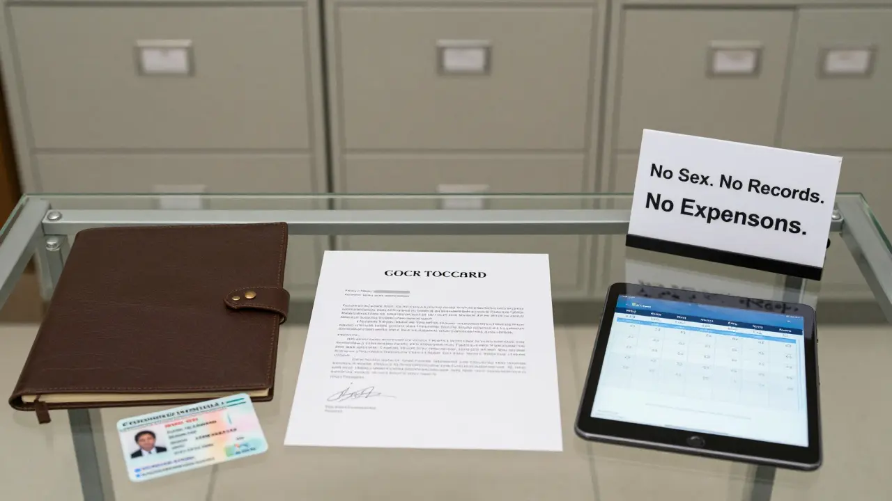 A secure escort agency office with a signed contract, ID, and encrypted tablet, emphasizing discretion and legal boundaries.