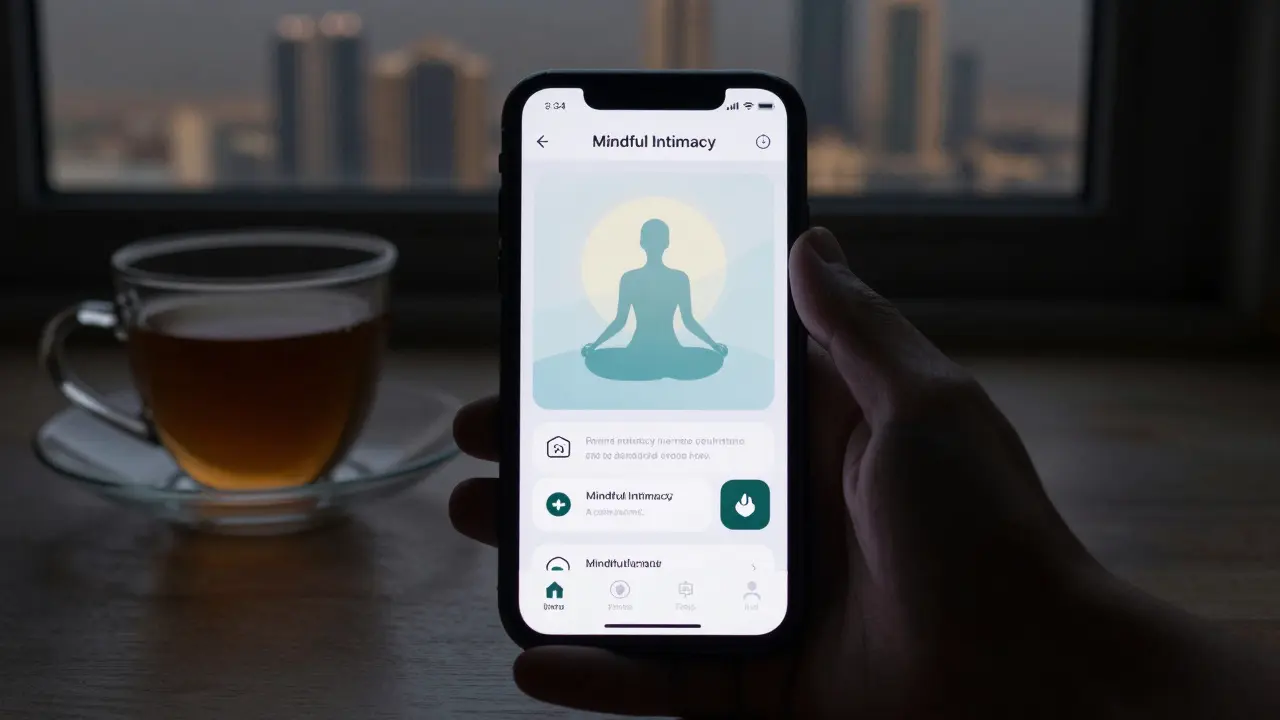 A smartphone displaying a mindfulness app in a dark Dubai room, symbolizing quiet digital support for emotional healing.