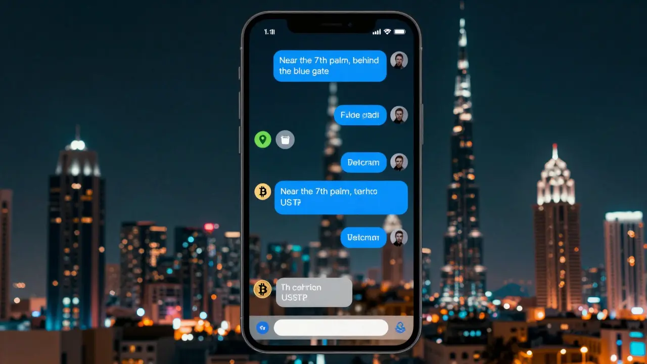 A smartphone displaying an encrypted Telegram message with blurred venue hints and cryptocurrency payment details.