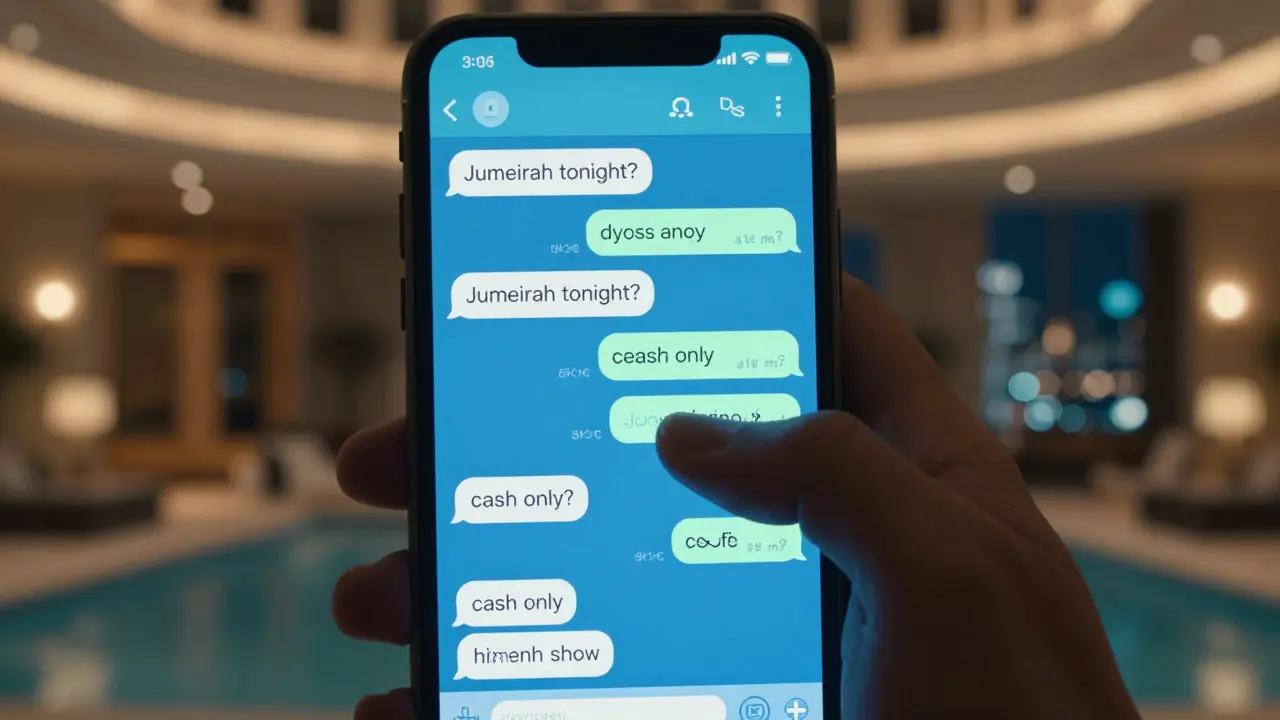 A smartphone screen displaying encrypted messages about private meetings in Dubai.