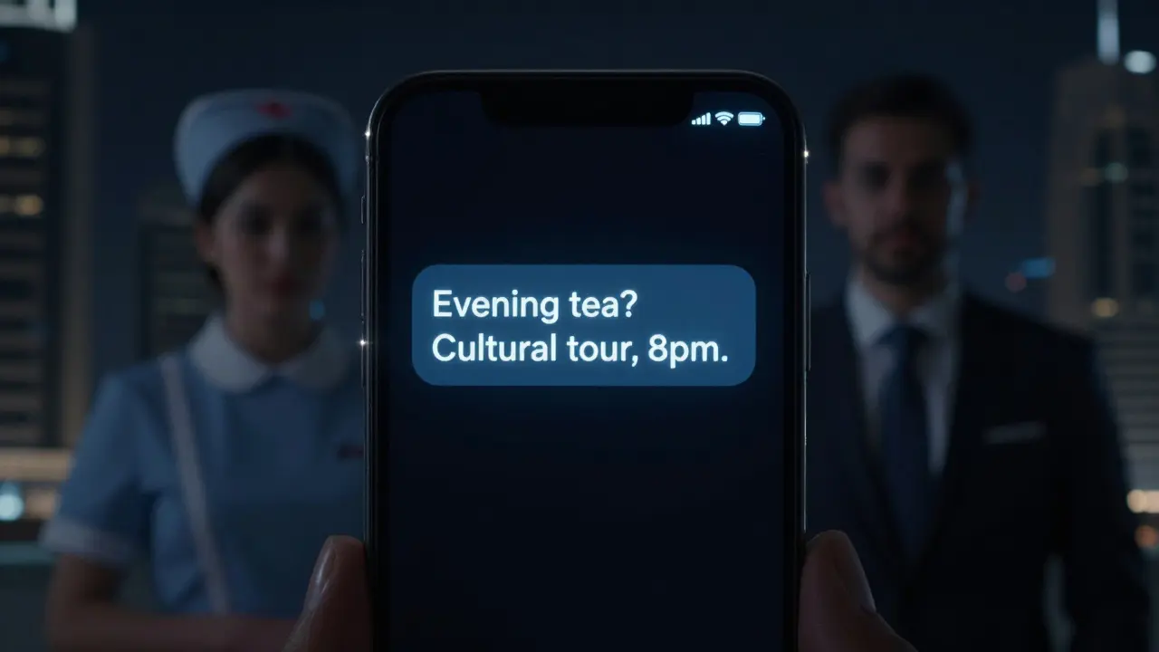 A smartphone screen showing coded messaging about companionship in Dubai's underground network.