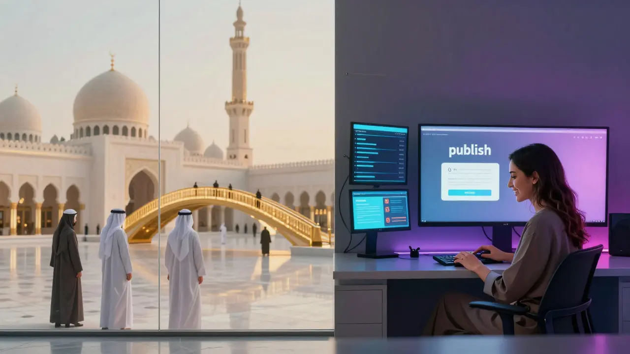 A symbolic glass wall separating traditional Emirati culture from a modern digital content studio, representing shifting societal values.