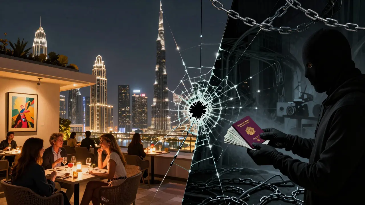 A symbolic split scene: vibrant Dubai nightlife on one side, dark trafficking and scams on the other.