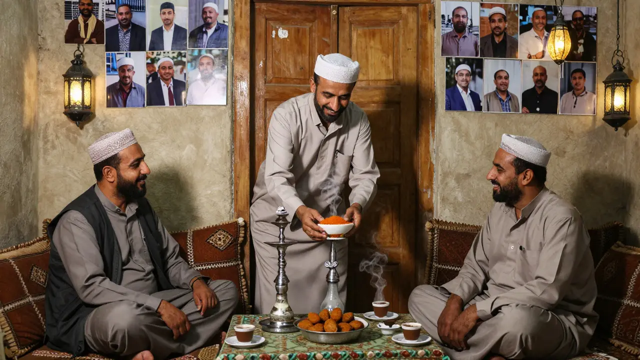 A Syrian owner offers shisha to regulars in a hidden lounge, surrounded by coffee, food, and soft lantern light.