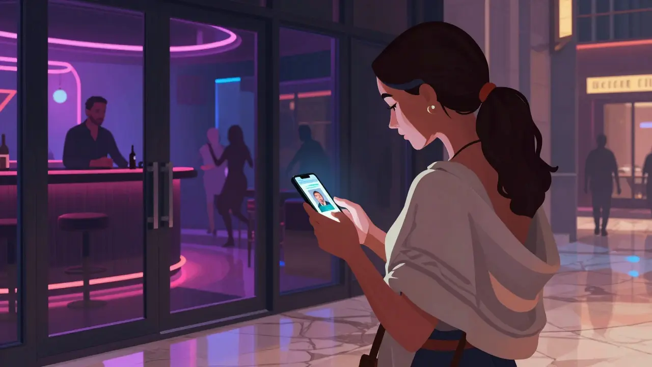 A tourist checking a ride-share app on their phone outside a Dubai club, holding a passport photo, dressed modestly with a shawl.