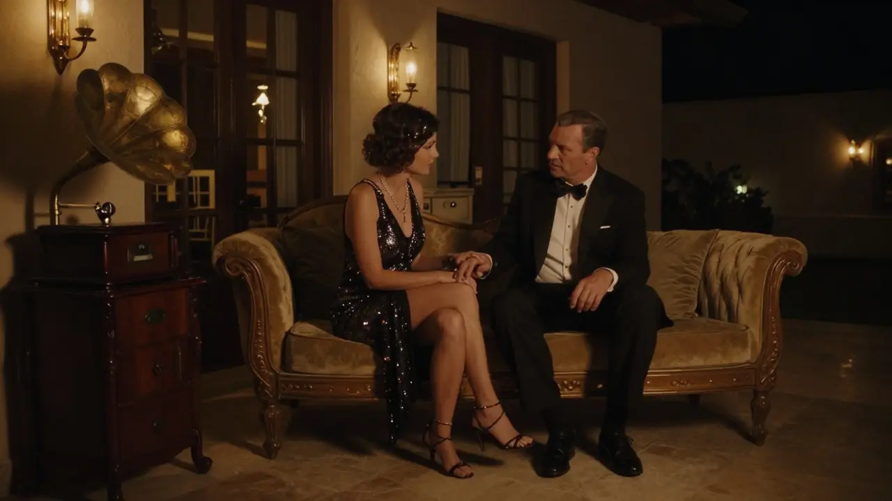 A woman in a 1920s flapper dress sits beside a man in dim light, holding his hand in silent comfort during a therapeutic session.