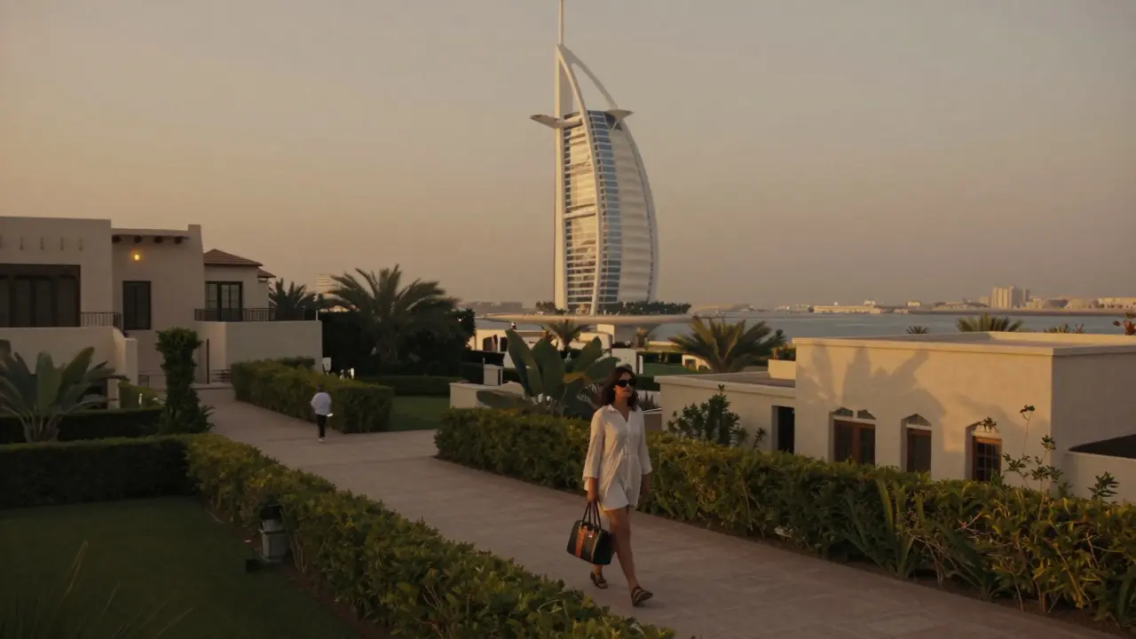 A woman walking alone through a private garden in Jumeirah, Dubai skyline glowing in the distance.