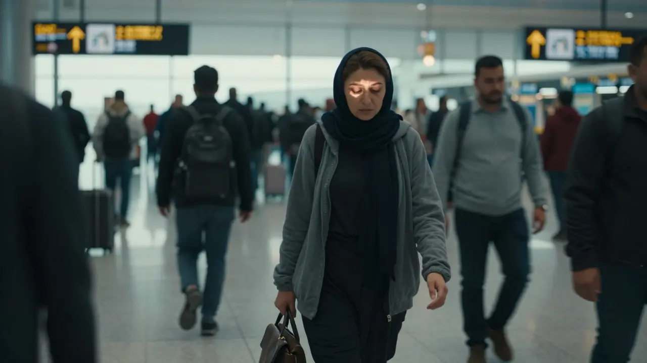 A woman walks alone through an airport terminal at dawn, escaping after months of exploitation.