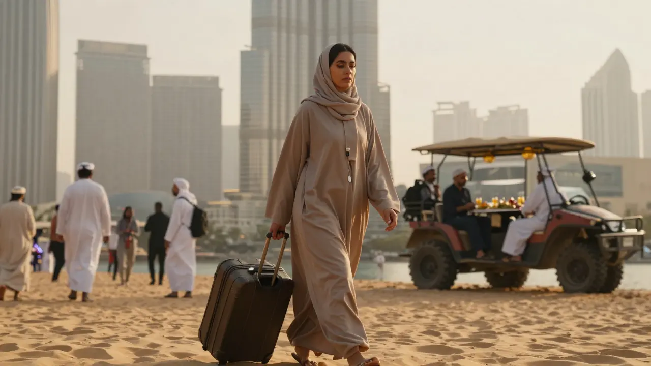 A woman with luggage walks past Burj Khalifa at dawn, contrasting forbidden risks with Dubai's lawful attractions.