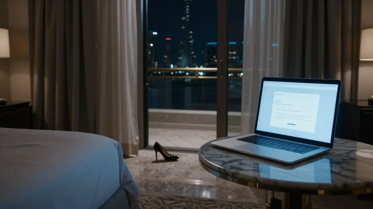 An empty luxury hotel room in Dubai with a laptop showing a cybersecurity warning, evoking surveillance and consequence.