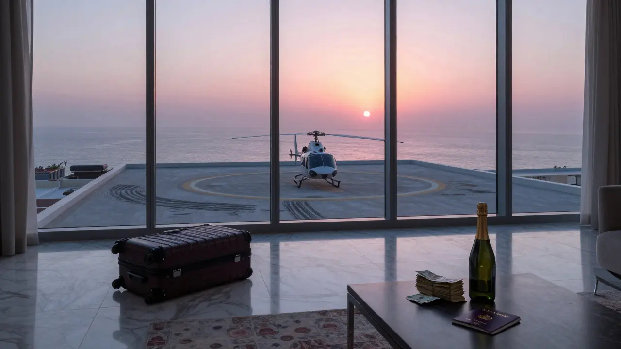 An empty luxury penthouse on Palm Jumeirah at dawn, helicopter pad with skid marks.
