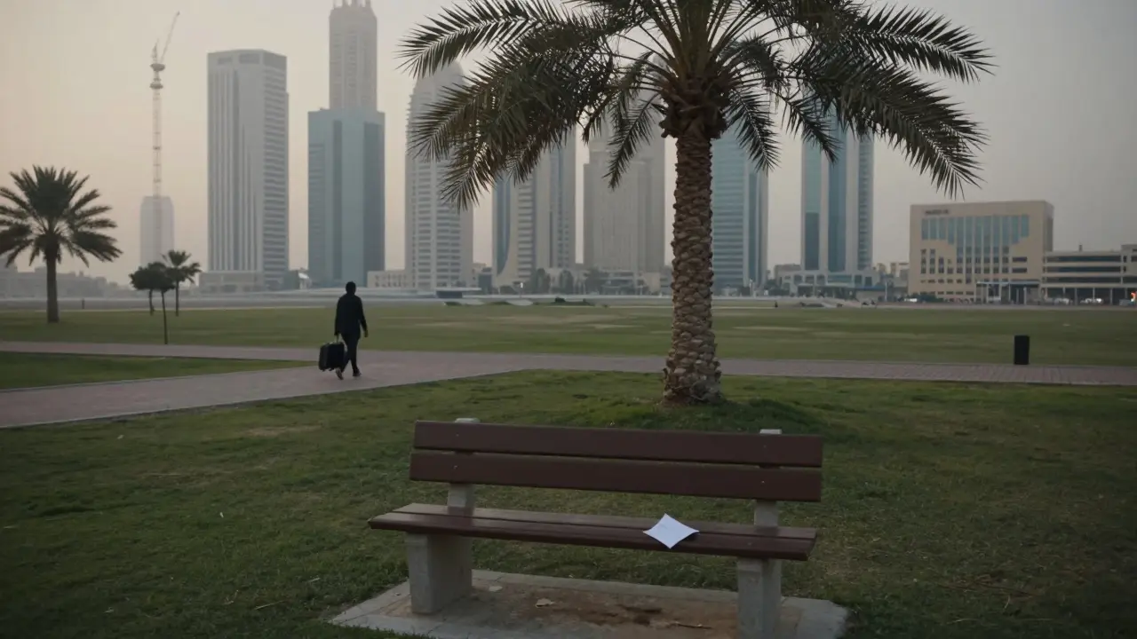 An empty park bench in Dubai at dawn, symbolizing loneliness in a bustling metropolis.