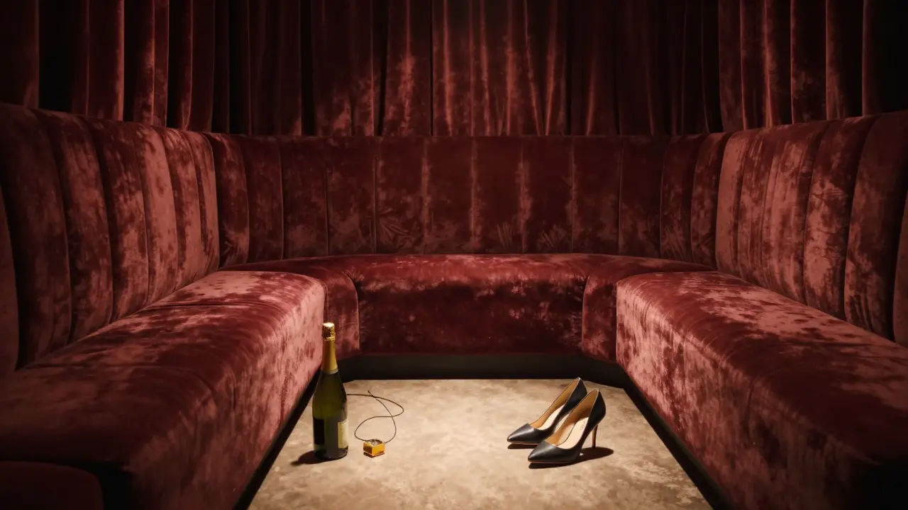 An empty VIP booth with velvet drapes, a pair of heels, and a half-empty champagne bottle left behind after a performance.