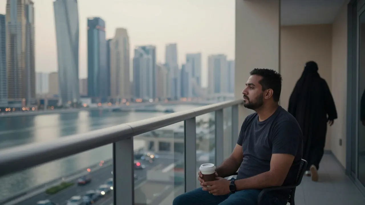 An expat sits alone on a balcony at dawn, gazing at Dubai’s skyline, while a shadowy figure fades down the hallway behind him.