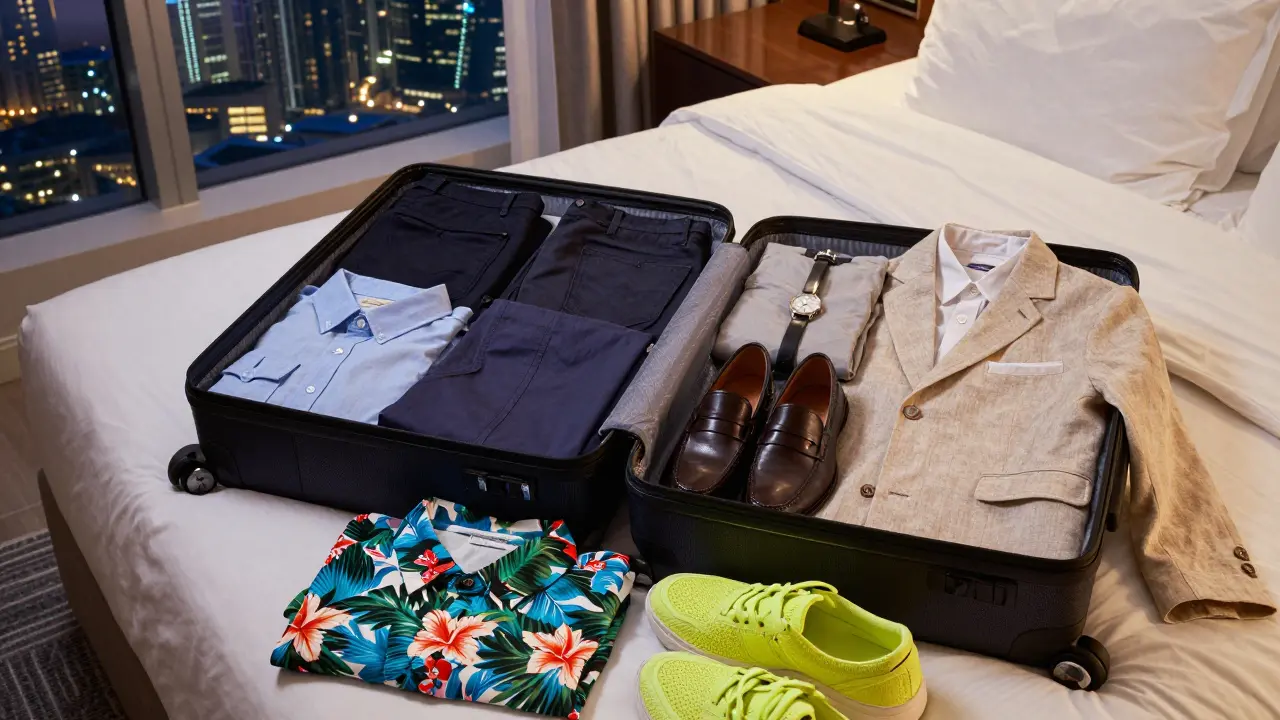 An open suitcase with proper Dubai-appropriate clothing laid out, next to discarded casual wear, symbolizing smart packing for cultural respect.