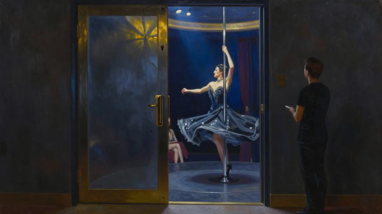 An unmarked door leading to an exclusive Dubai cabaret, where a burlesque performer spins on a pole in a luxurious gown, illuminated by ambient golden-blue light.