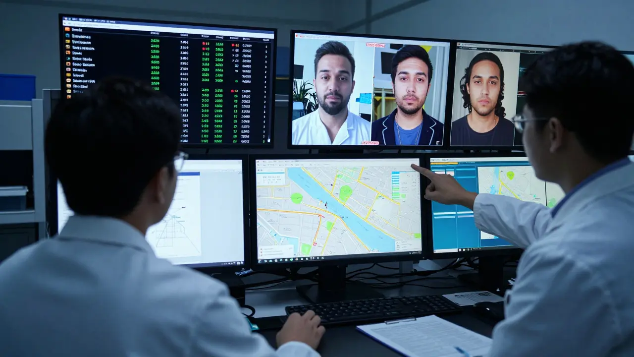 Analysts in a Dubai lab examining digital evidence debunking fake viral videos of pornstars in Dubai.