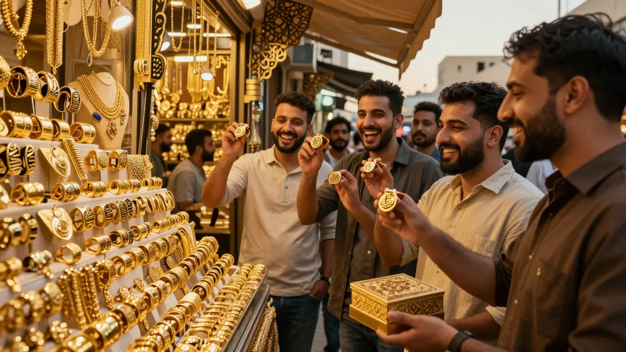 Bachelors laughing while holding golden engraved cufflinks in the bustling, glittering Gold Souk.