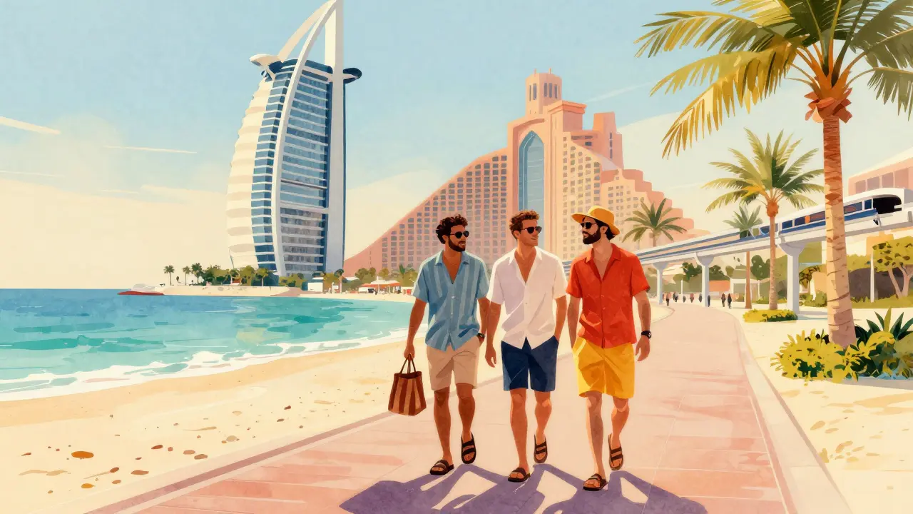 Bachelors walking Palm Jumeirah promenade with Atlantis resort backdrop.