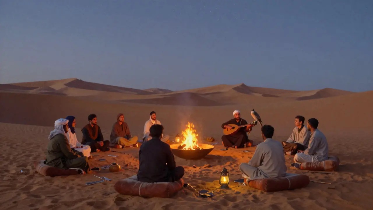Desert camp at dusk with fire pits, falcon, and oud musician under starry sky