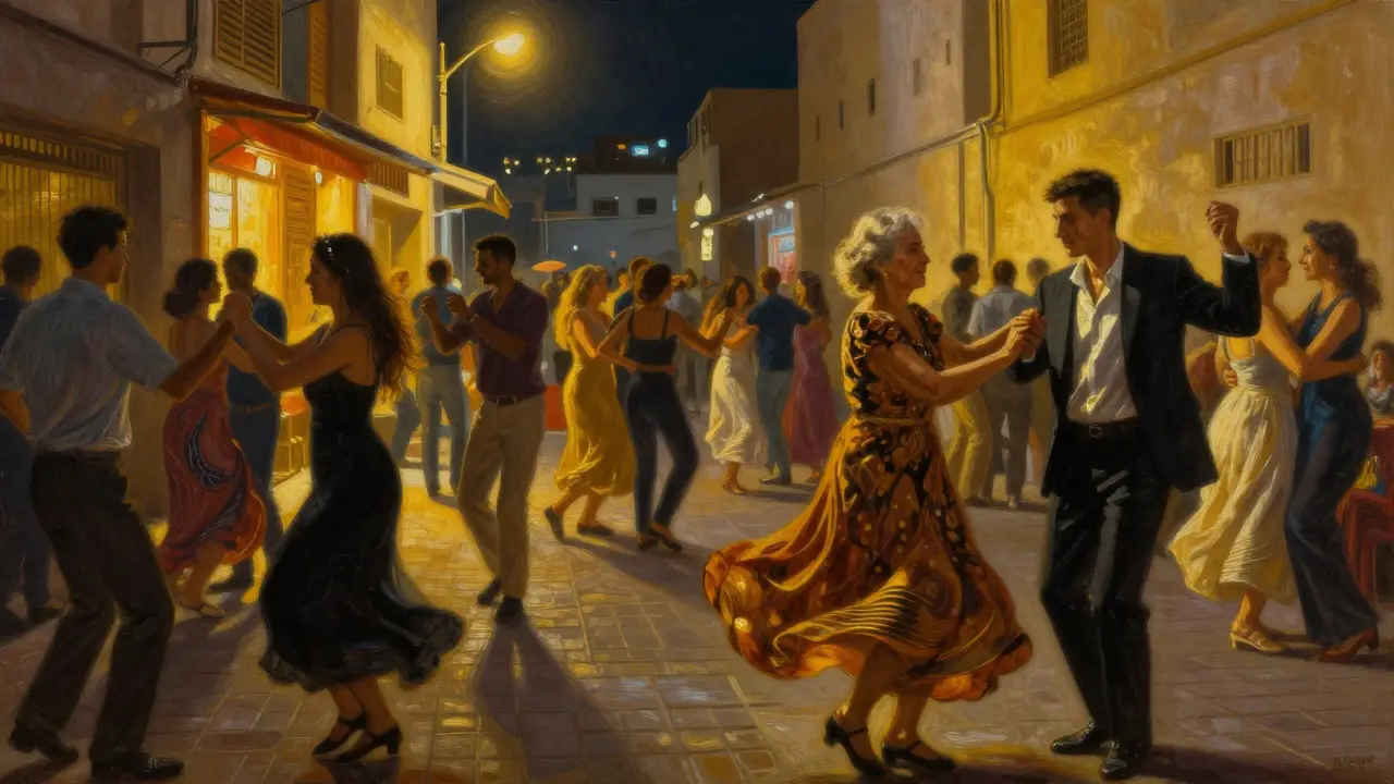 Diverse dancers of all ages spin in a dim alley at night, their silhouettes glowing as music fills the air, no signs or logos visible.