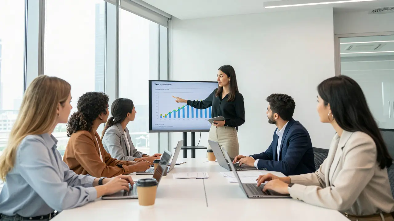 Diverse female entrepreneurs in a Dubai free zone office, reviewing business analytics and digital media licenses.