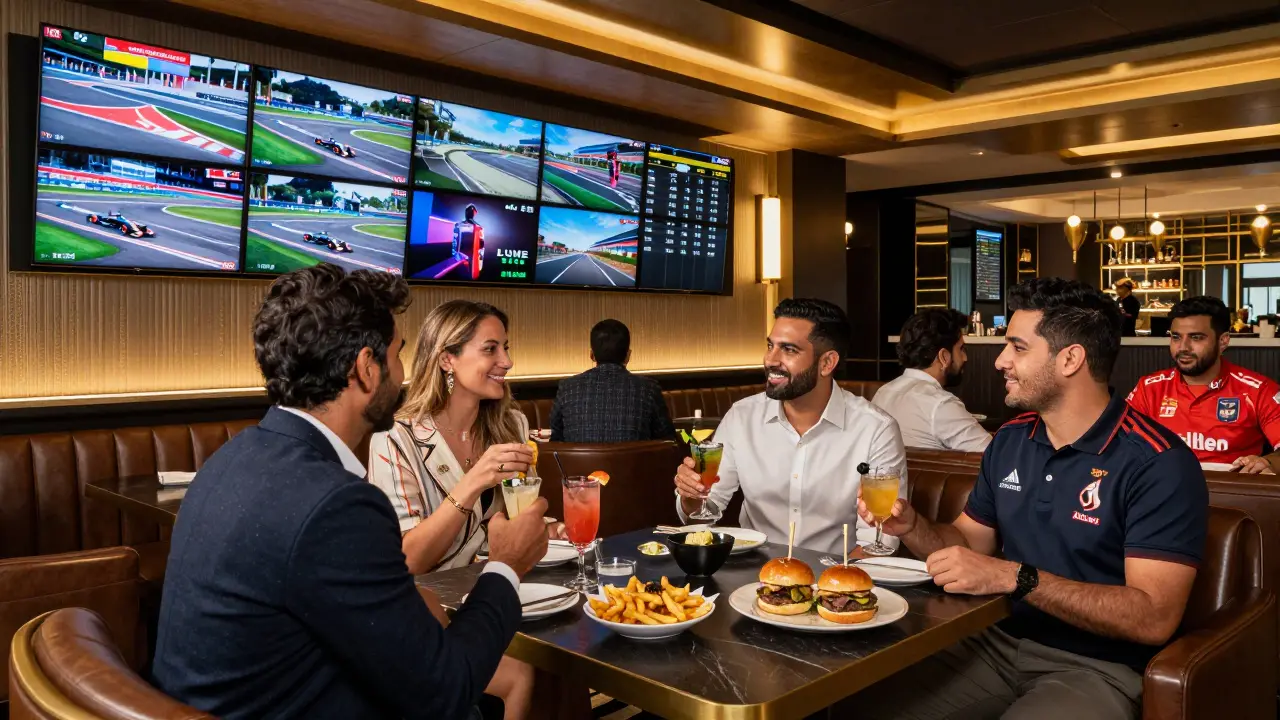 Elegant patrons at a luxury sports bar watching a Formula 1 race, with craft cocktails and live odds board under ambient lighting.