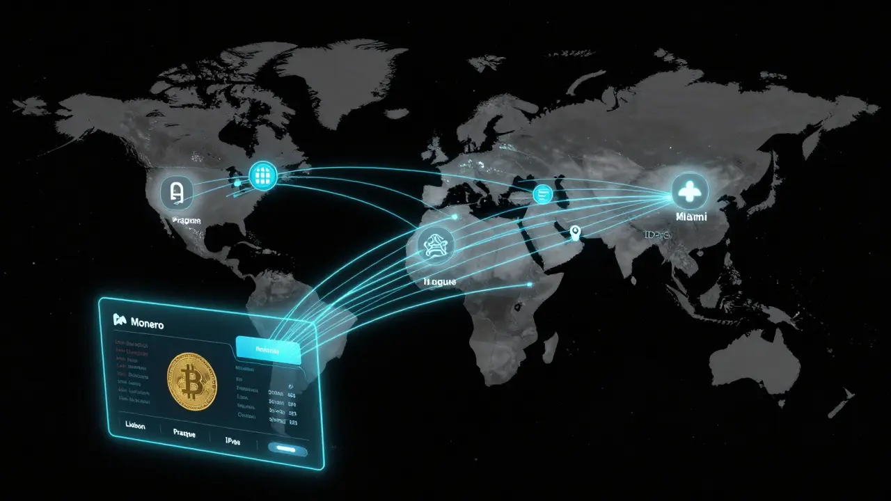 Encrypted digital data streams from Dubai connect to global servers, with blockchain and cryptocurrency symbols glowing in darkness.