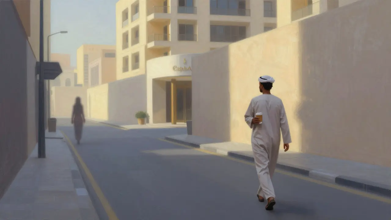 Expatriate walking away from hotel at dawn as shadow vanishes into alley.