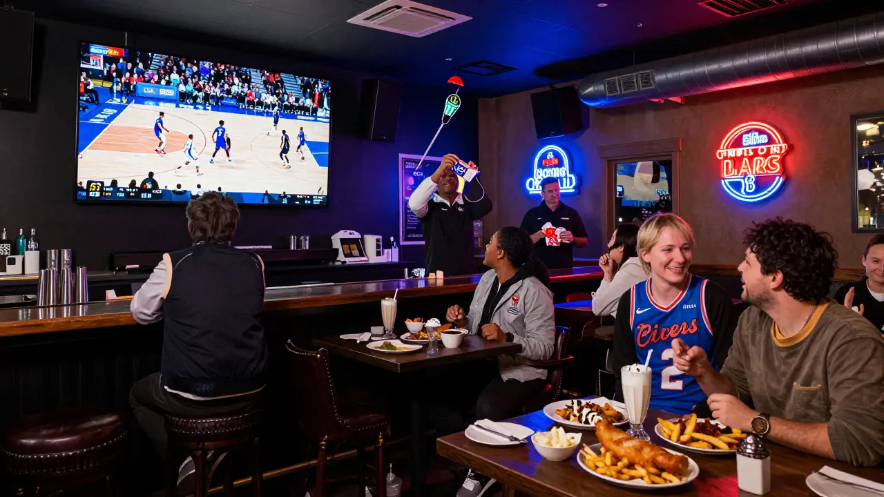 Fans playing a free throw contest at a sports bar while enjoying pub food, with large screens showing an NBA game in the background.