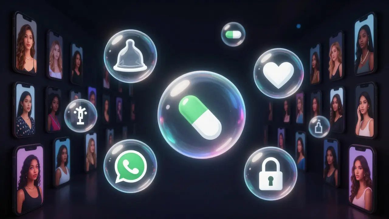 Floating digital bubbles representing an underground WhatsApp group sharing sexual health resources among 3,000 women.