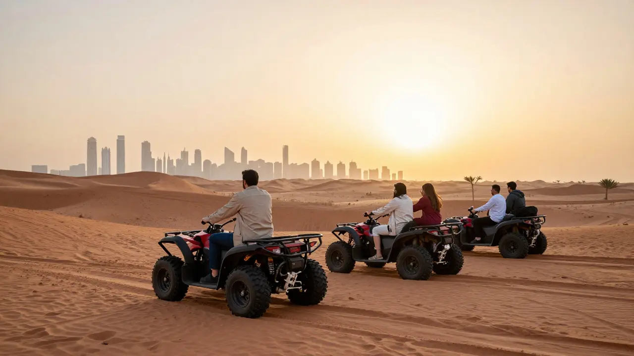 Friends on dune buggies in the Dubai desert at golden hour, skyline visible in the distance.