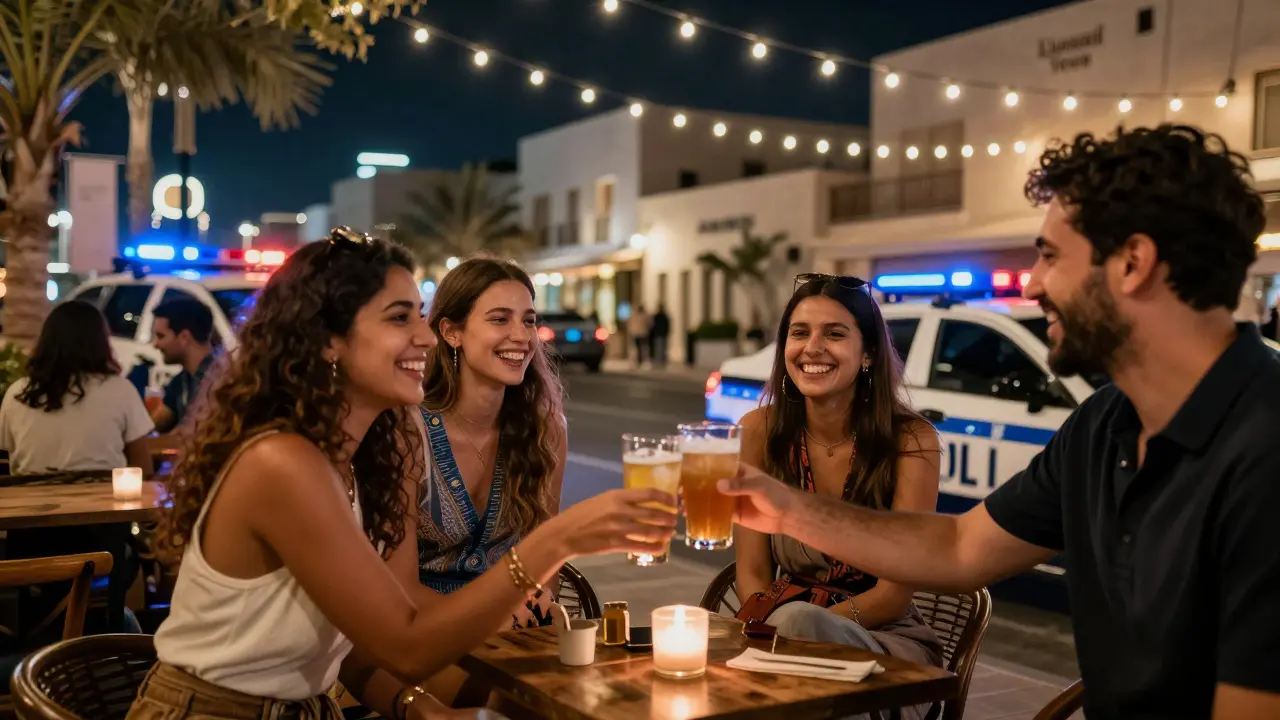 Friends socializing at Alserkal Avenue lounge under string lights, a police car nearby, and a licensed venue sign visible.