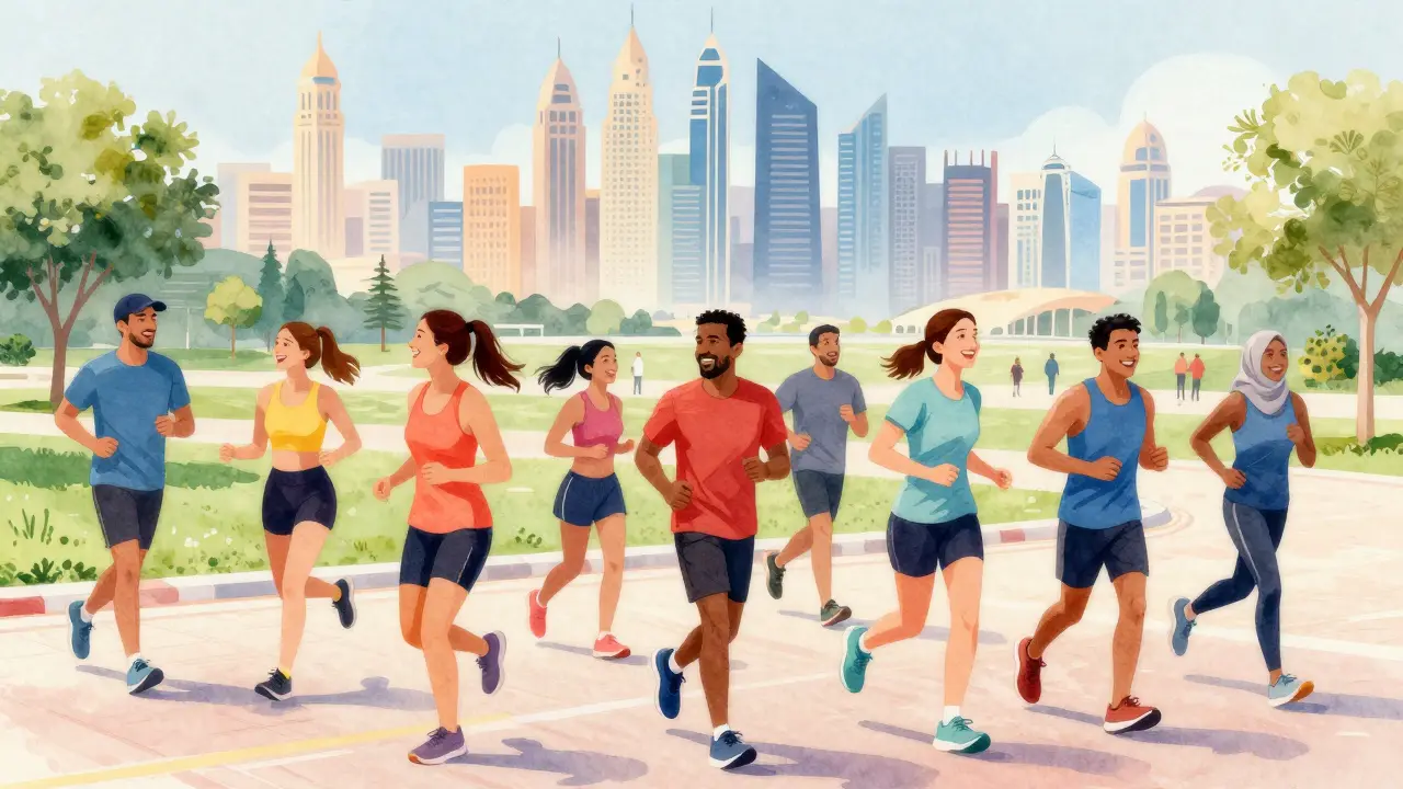 Group jogging in Dubai park with city skyline, community event