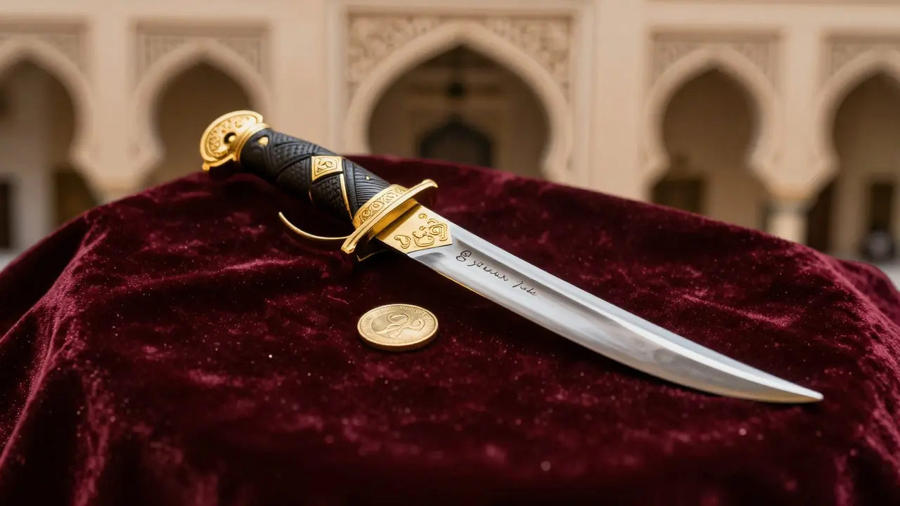 Handcrafted Emirati khanjar dagger with gold engraving and hidden gold coin on velvet.