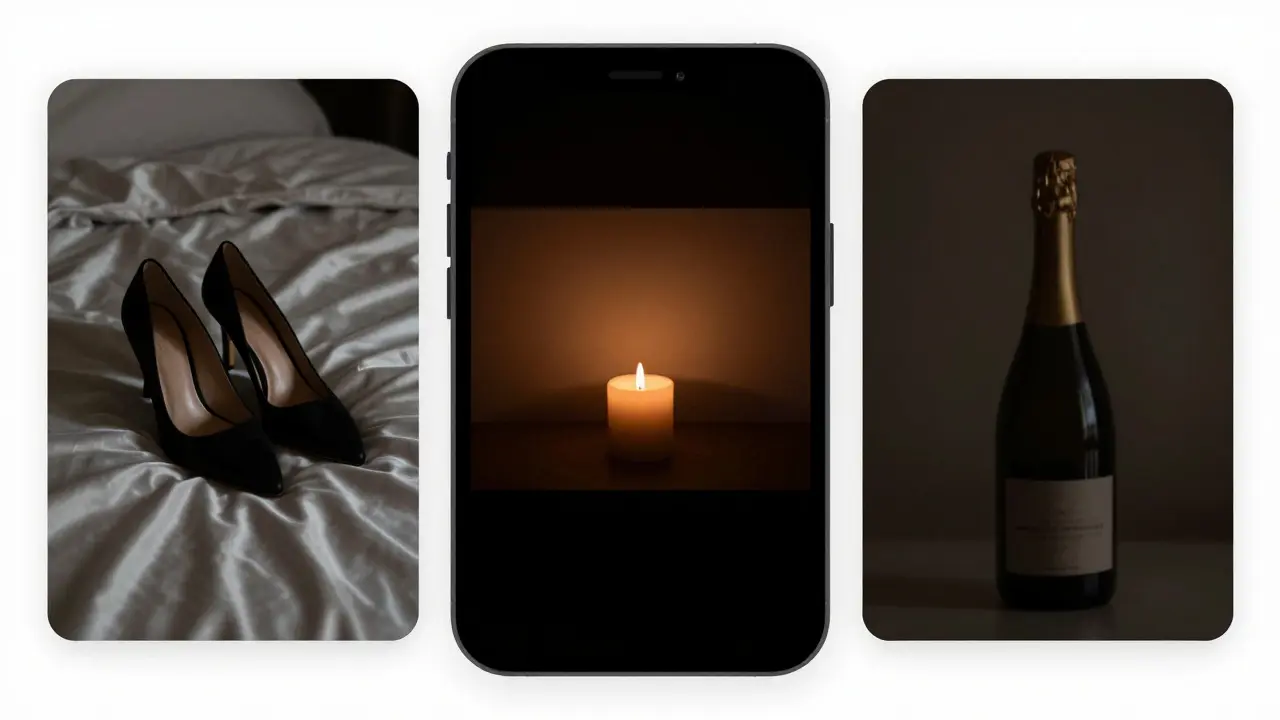 Instagram posts with minimalist images of heels, candlelight, and champagne, no text visible.