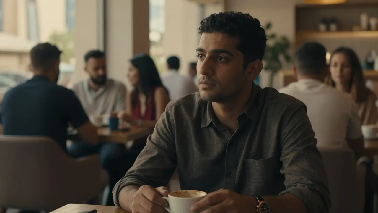 Lonely expat in crowded Dubai café, isolated despite surroundings