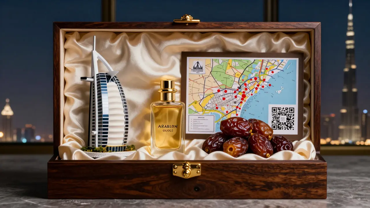 Luxury gift box with Dubai-themed items: oud, dates, Burj Al Arab replica, and map.